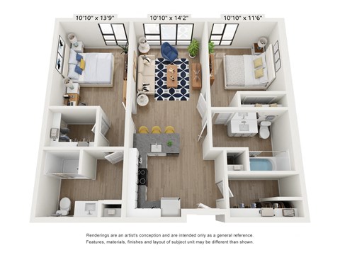 Floor plan for 2 beds, 2 baths, 965 sqft